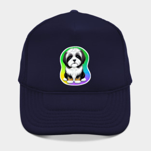 A Cute Havanese Puppy Dog with Black & White Markings and a Brown Trim with a Rainbow Color Background Hat