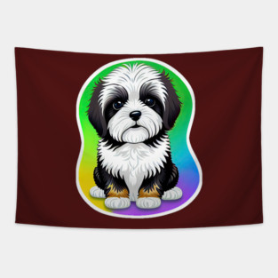 A Cute Havanese Puppy Dog with Black & White Markings and a Brown Trim with a Rainbow Color Background Tapestry