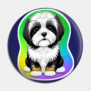 A Cute Havanese Puppy Dog with Black & White Markings and a Brown Trim with a Rainbow Color Background Pin