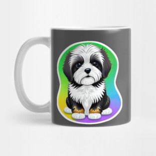 A Cute Havanese Puppy Dog with Black & White Markings and a Brown Trim with a Rainbow Color Background Mug
