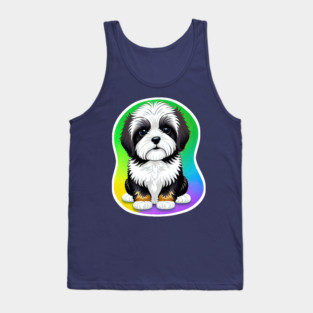 A Cute Havanese Puppy Dog with Black & White Markings and a Brown Trim with a Rainbow Color Background Tank Top