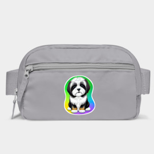 A Cute Havanese Puppy Dog with Black & White Markings and a Brown Trim with a Rainbow Color Background Bag