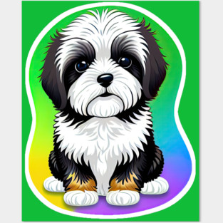 A Cute Havanese Puppy Dog with Black & White Markings and a Brown Trim with a Rainbow Color Background Posters and Art
