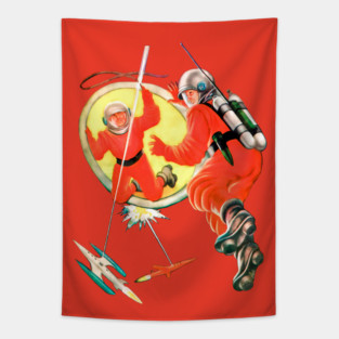 REVISTANGO #125 - Retro Astronauts Floating in Space Above Rockets and Golden Light from The Ship From Infinity 1957 Imaginative Tales Sci-Fi Adventure Retro Tapestry