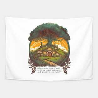 Round Doors under a Tree - Fantasy Tapestry