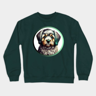 A Brown & White Havanese Dog in a Green Highlight Crewneck Sweatshirt