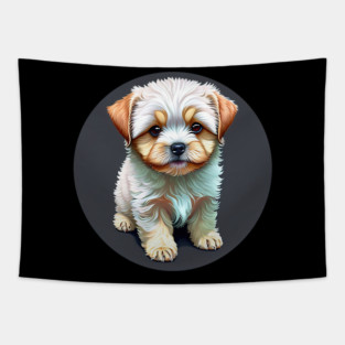 A White Havanese Puppy Dog with Cream & Light Brown Highlight Markings Tapestry