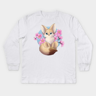 Chibi Fennec Fox Cherry Blossoms Kids Long Sleeve T-Shirt