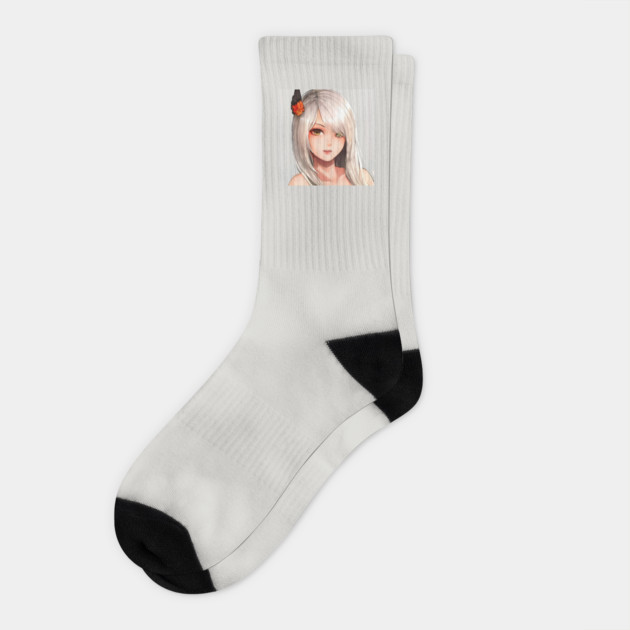white hair anime art Socks by animegirlnft