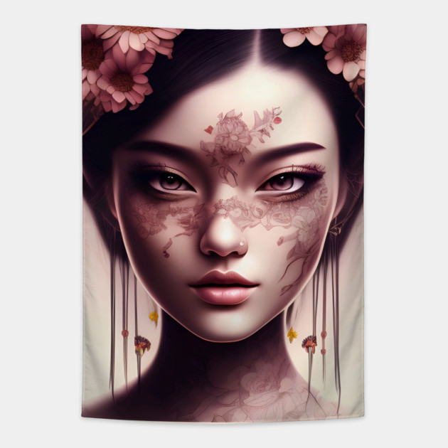 anime flower manga girl Tapestry by animegirlnft
