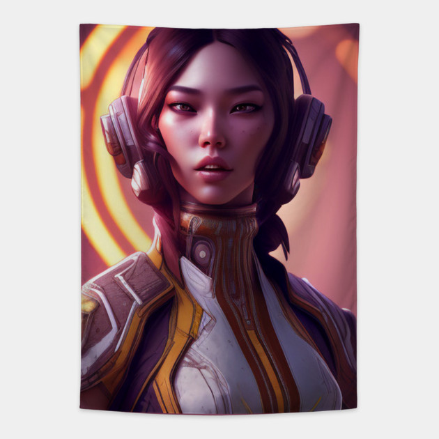 cyber girl with ear phone Tapestry by animegirlnft