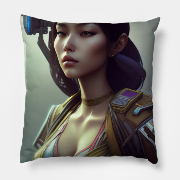 cyber girl with camera Pillow by animegirlnft