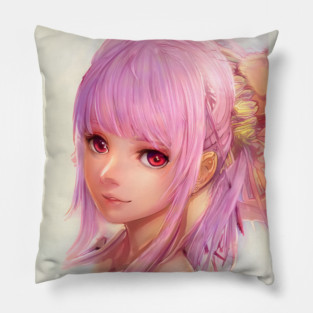 Manga Girl Pink Hair & Red Eyes Pillow