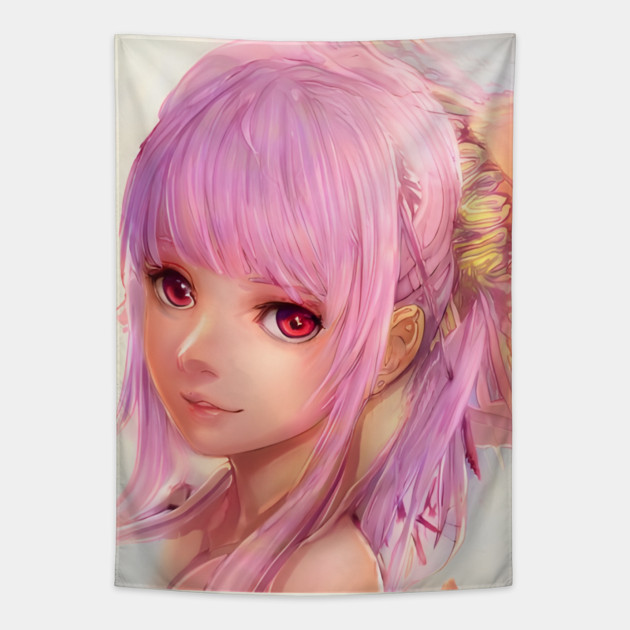 Manga Girl Pink Hair & Red Eyes Tapestry by animegirlnft