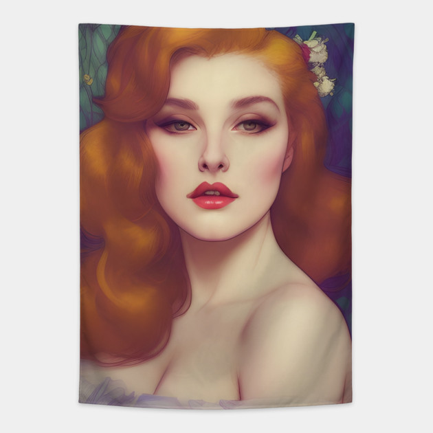 Elegant red hair beautiful lady Tapestry by animegirlnft