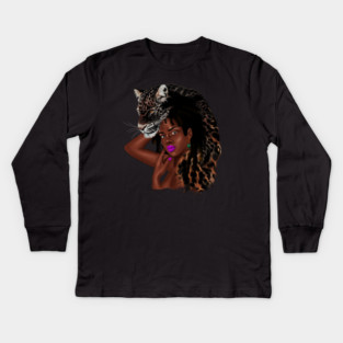 African Woman with Leopard Skin, African Tribal Art Kids Long Sleeve T-Shirt