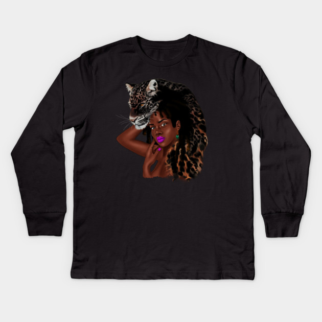 African Woman with Leopard Skin, African Tribal Art Kids Long Sleeve T-Shirt by logiamerch