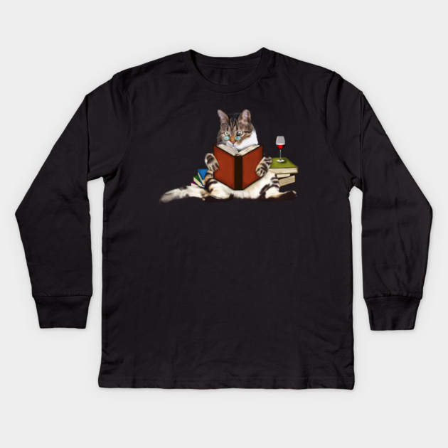 Cat Reading Book, Funnny Cat Lover Kids Long Sleeve T-Shirt by logiamerch
