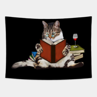 Cat Reading Book, Funnny Cat Lover Tapestry