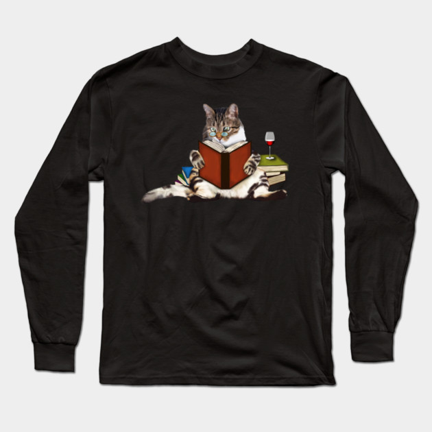 Cat Reading Book, Funnny Cat Lover Long Sleeve T-Shirt by logiamerch
