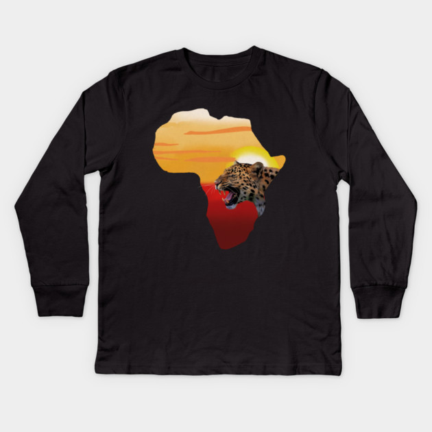 Africa Map with Leopard Sunset, Safari Kids Long Sleeve T-Shirt by logiamerch