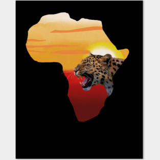 Africa Map with Leopard Sunset, Safari Posters and Art