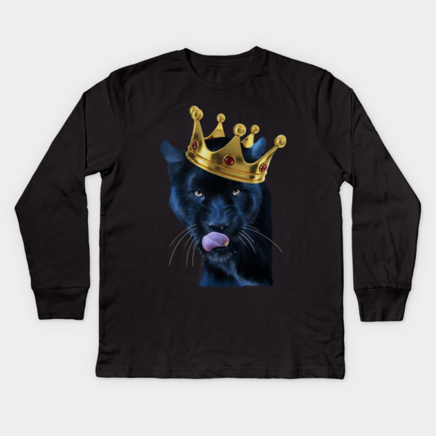 Black Panther Big Cat with Crown, Tropical Animal Kids Long Sleeve T-Shirt by logiamerch