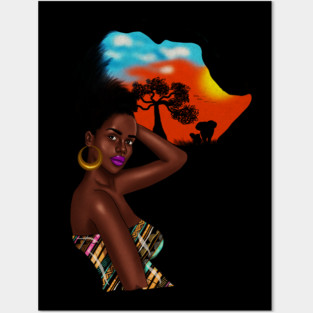 Afro African Woman with Africa map Hair Posters and Art