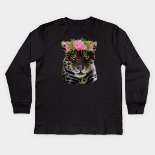 Leopard with flowers, Floral Design, Big Cat Kids Long Sleeve T-Shirt
