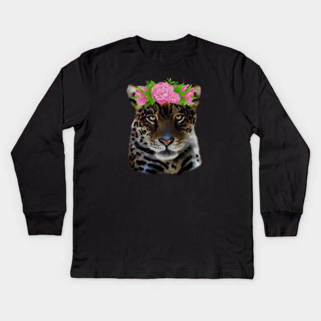 Leopard with flowers, Floral Design, Big Cat Kids Long Sleeve T-Shirt by logiamerch