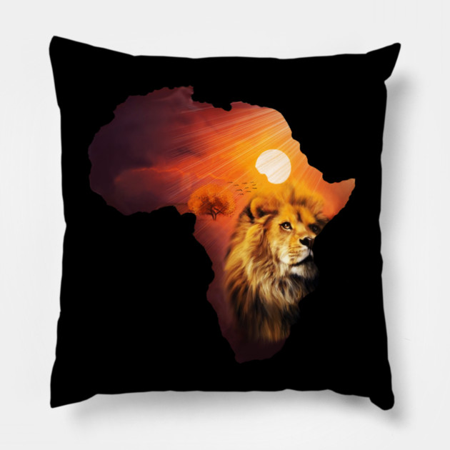 Lion and Africa Map, Sunset Safari, Big Cats Pillow by logiamerch