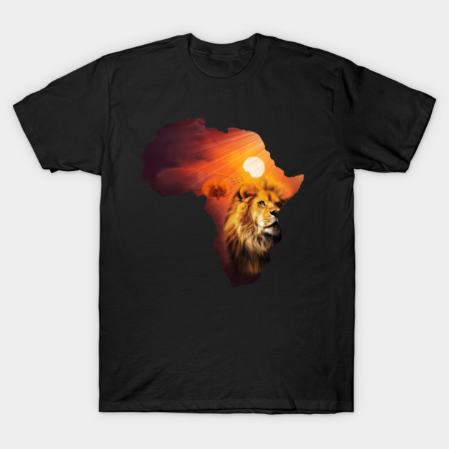 Lion and Africa Map, Sunset Safari, Big Cats T-Shirt by logiamerch