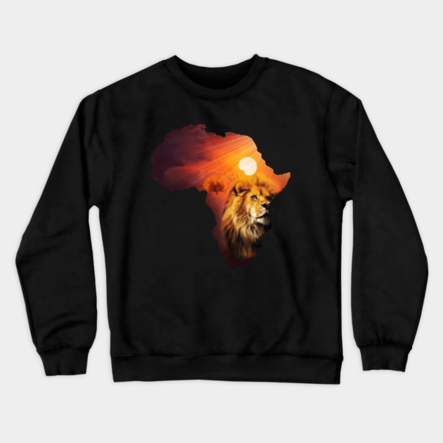 Lion and Africa Map, Sunset Safari, Big Cats Crewneck Sweatshirt by logiamerch