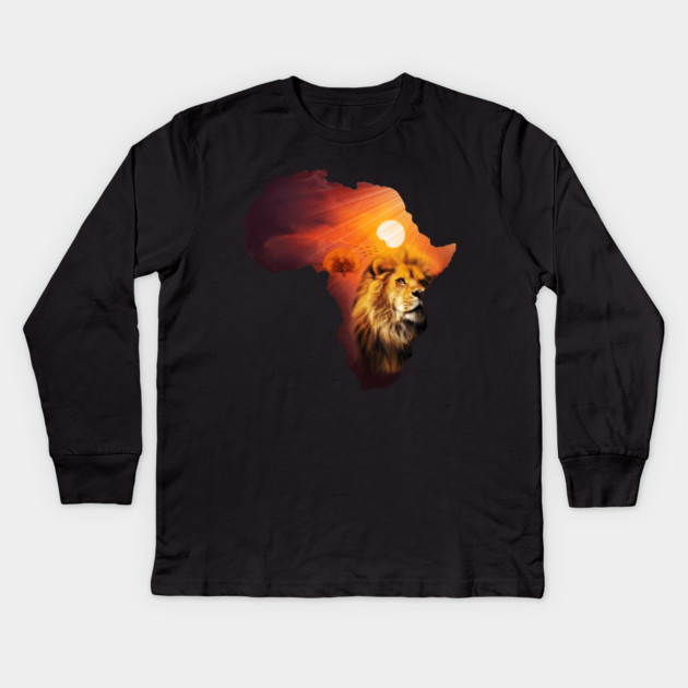 Lion and Africa Map, Sunset Safari, Big Cats Kids Long Sleeve T-Shirt by logiamerch