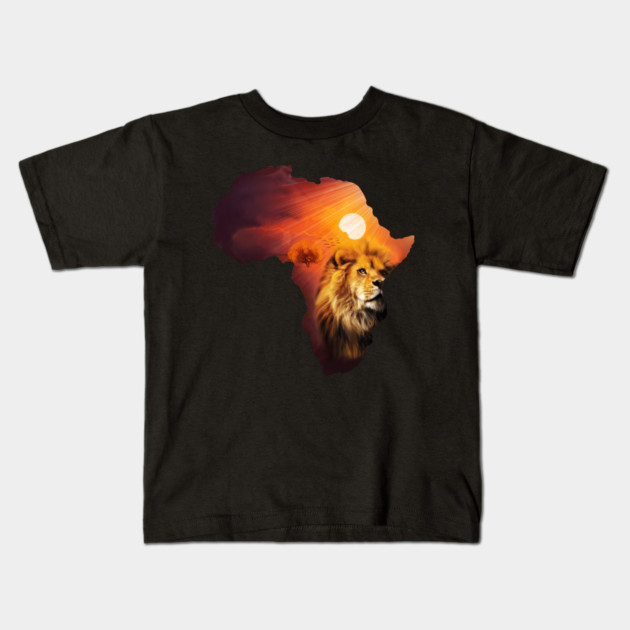 Lion and Africa Map, Sunset Safari, Big Cats Kids T-Shirt by logiamerch