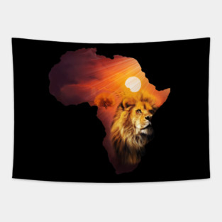 Lion and Africa Map, Sunset Safari, Big Cats Tapestry
