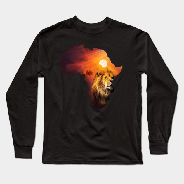 Lion and Africa Map, Sunset Safari, Big Cats Long Sleeve T-Shirt by logiamerch