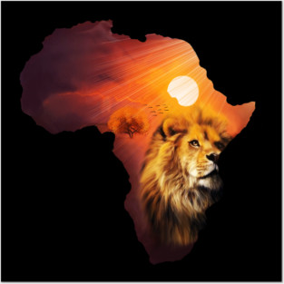 Lion and Africa Map, Sunset Safari, Big Cats Posters and Art
