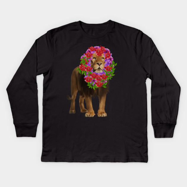 Lion with flower head, Love Lions, Big Cat Kids Long Sleeve T-Shirt by logiamerch