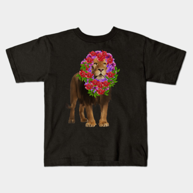 Lion with flower head, Love Lions, Big Cat Kids T-Shirt by logiamerch