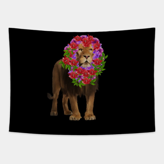 Lion with flower head, Love Lions, Big Cat Tapestry by logiamerch