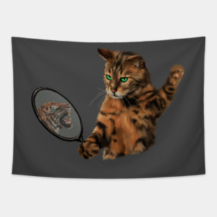 Funny Cat Motivational, Mirror Reflecting Tiger, Cat Lover Tapestry