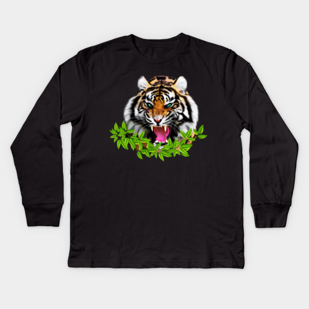Tiger Roaring Tropical, Big Cat, Love Tigers Kids Long Sleeve T-Shirt by logiamerch