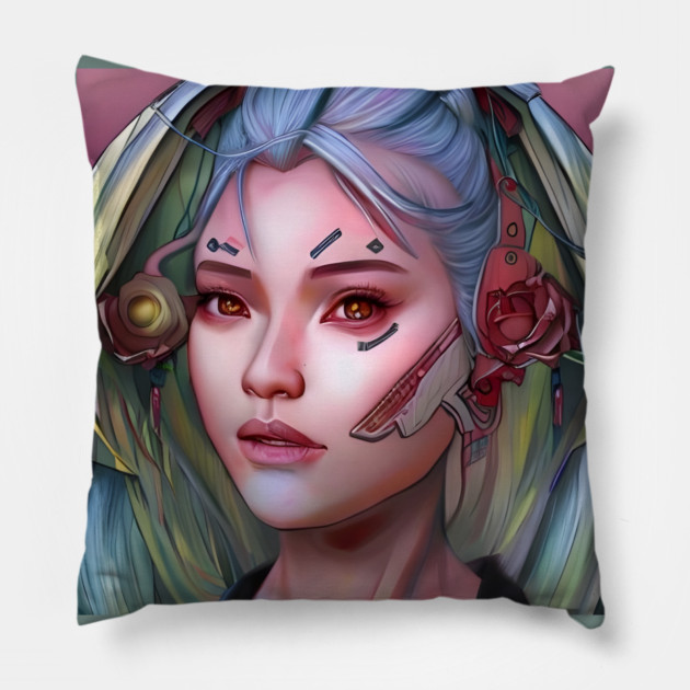 Cyber Girl With Earphones Pillow by animegirlnft