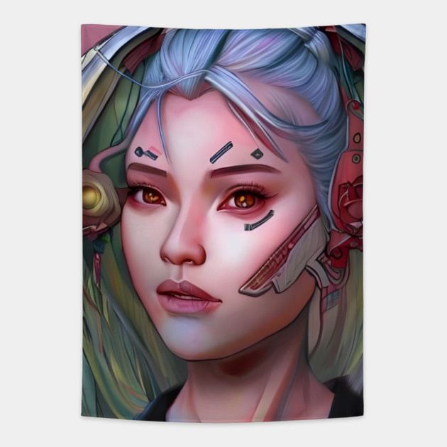 Cyber Girl With Earphones Tapestry by animegirlnft