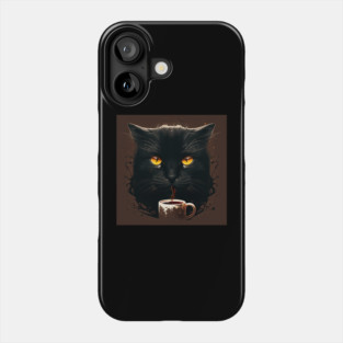 Black Cat Drinking Coffee, Coffee Cat Lover Phone Case
