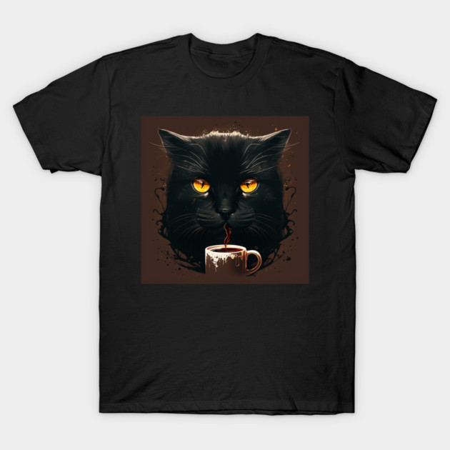Black Cat Drinking Coffee, Coffee Cat Lover T-Shirt by logiamerch