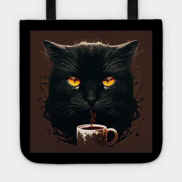 Black Cat Drinking Coffee, Coffee Cat Lover Tote by logiamerch