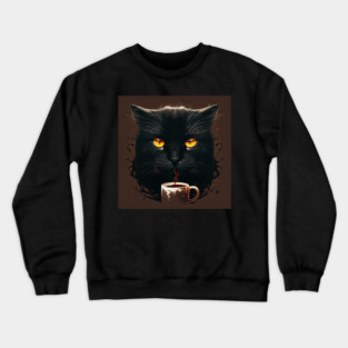 Black Cat Drinking Coffee, Coffee Cat Lover Crewneck Sweatshirt