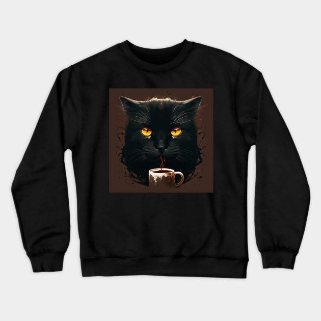 Black Cat Drinking Coffee, Coffee Cat Lover Crewneck Sweatshirt by logiamerch